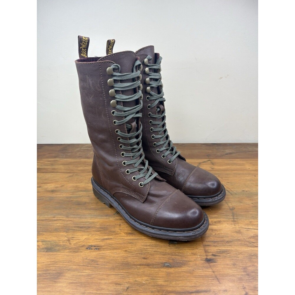 Dr Martens Tehani Leather Fold Down Combat Boots Houndstooth Lining Women’s US 8